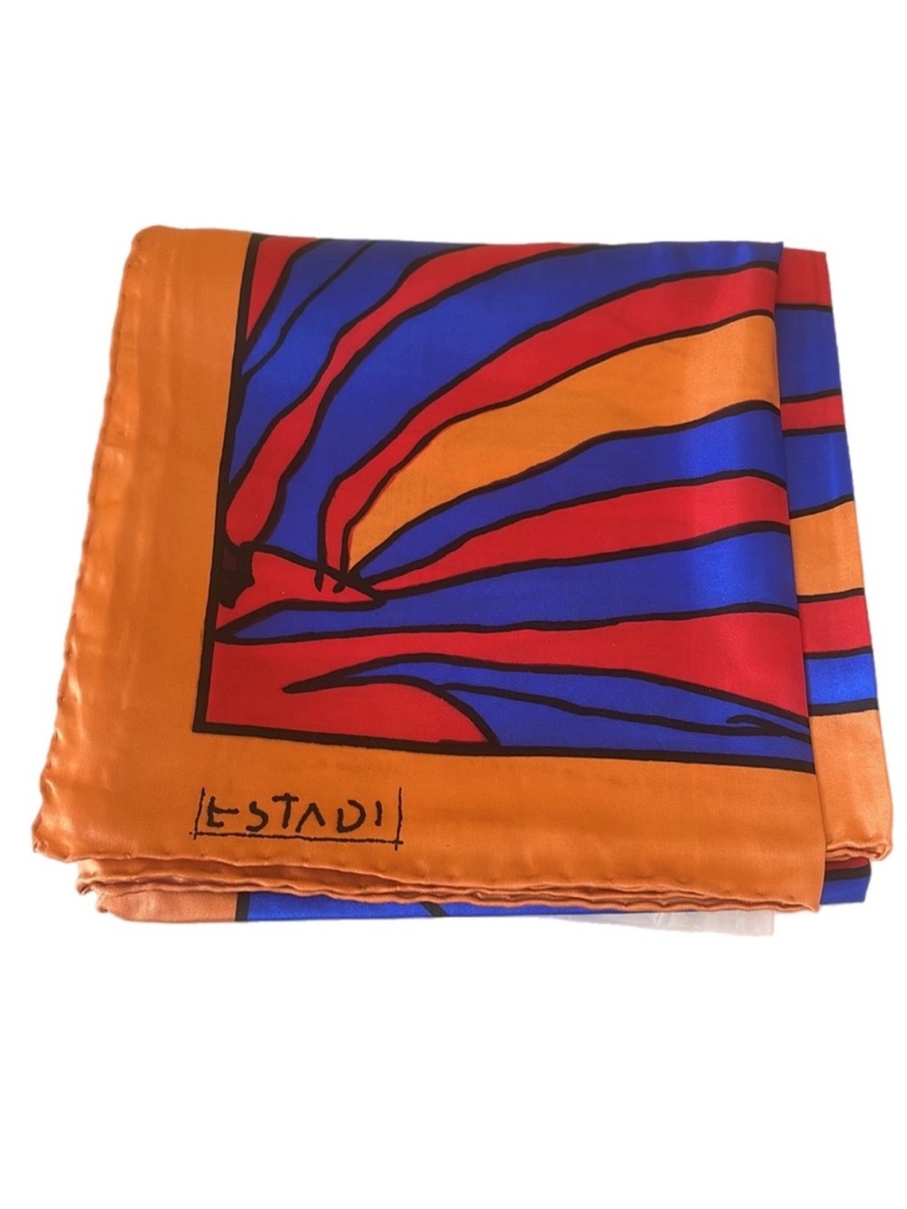 Estadi 100% Silk Twill Orange Red Blue Abstract Print Scarf Hand Rolled Hem NEW